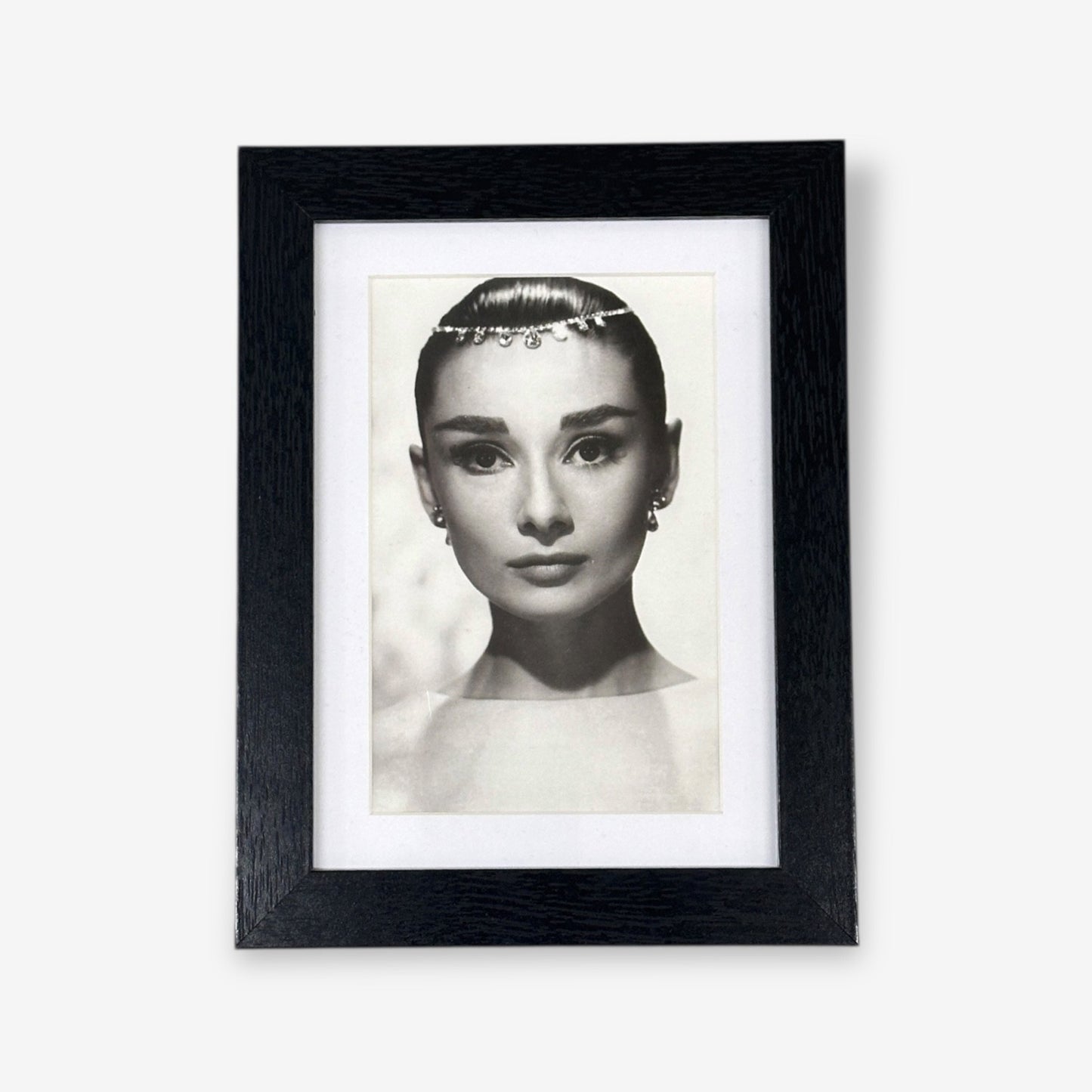 Framed Mounted Black & White Audrey Hepburn A5 Postcard