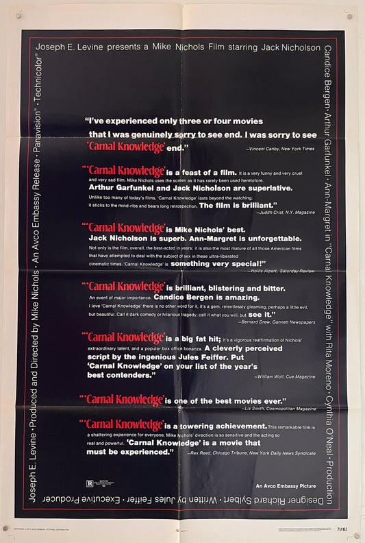 Carnal Knowledge (1971) Original US One Sheet Movie Poster
