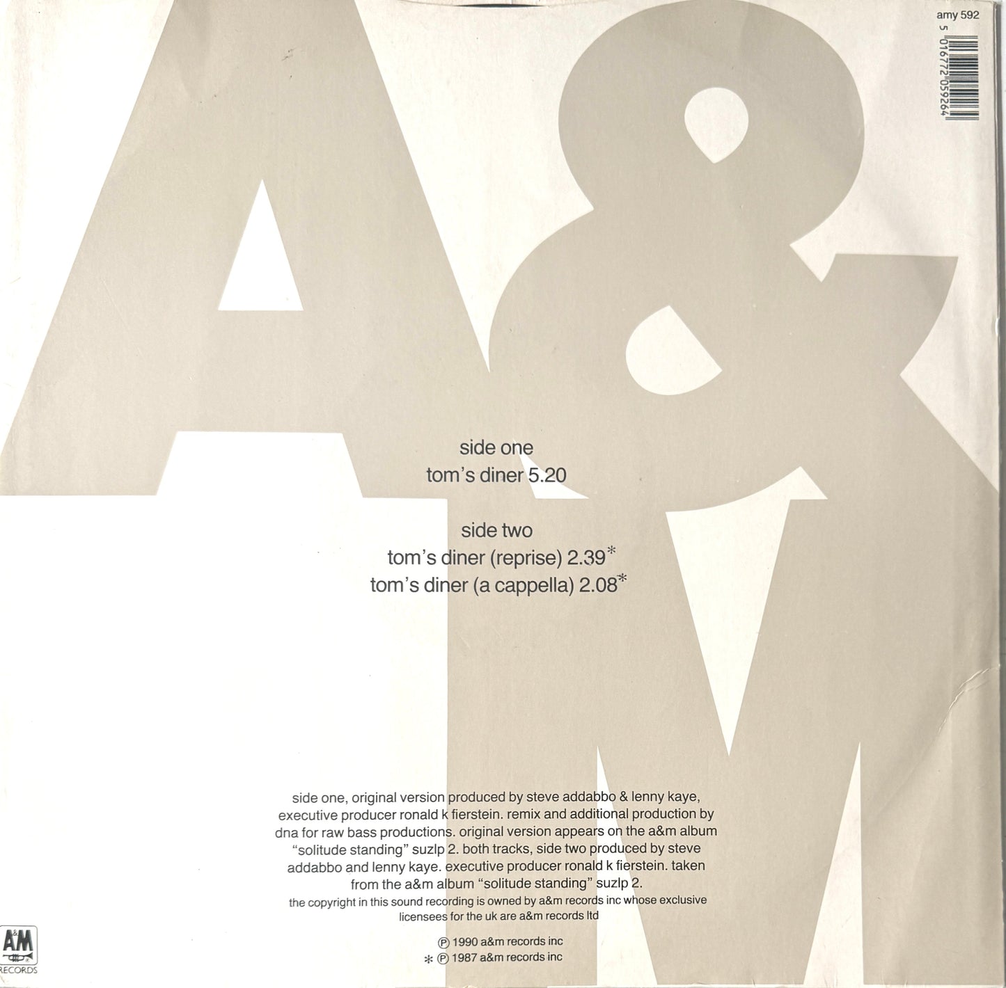 D.N.A. featuring Suzanne Vega – Tom's Diner (1990) – 12" Electronic Vinyl