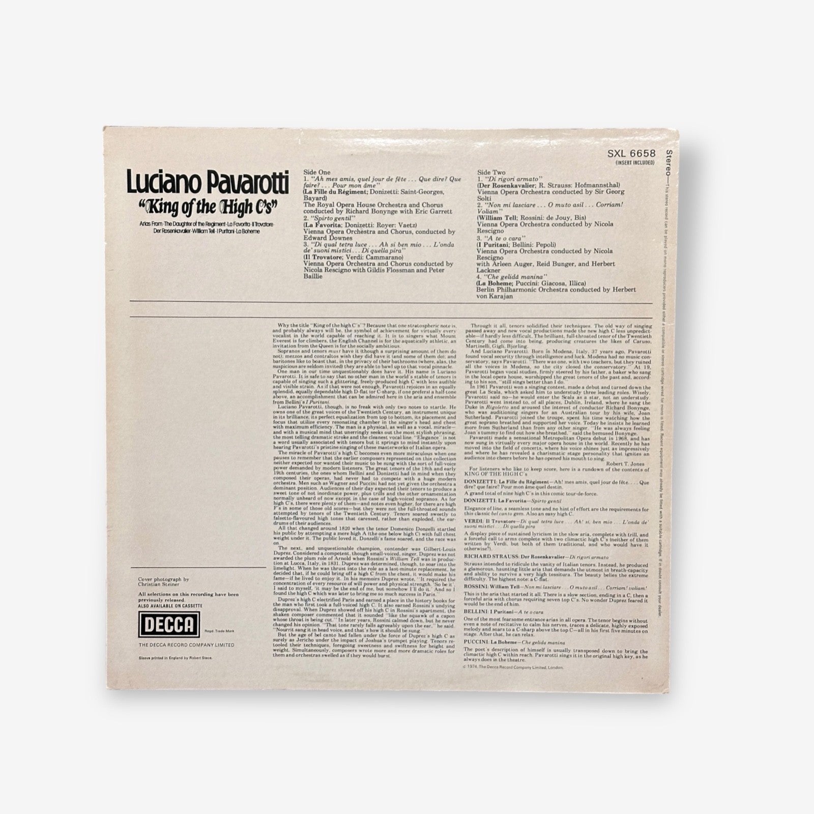 Luciano Pavarotti - King Of The High C's Vinyl Record 1974